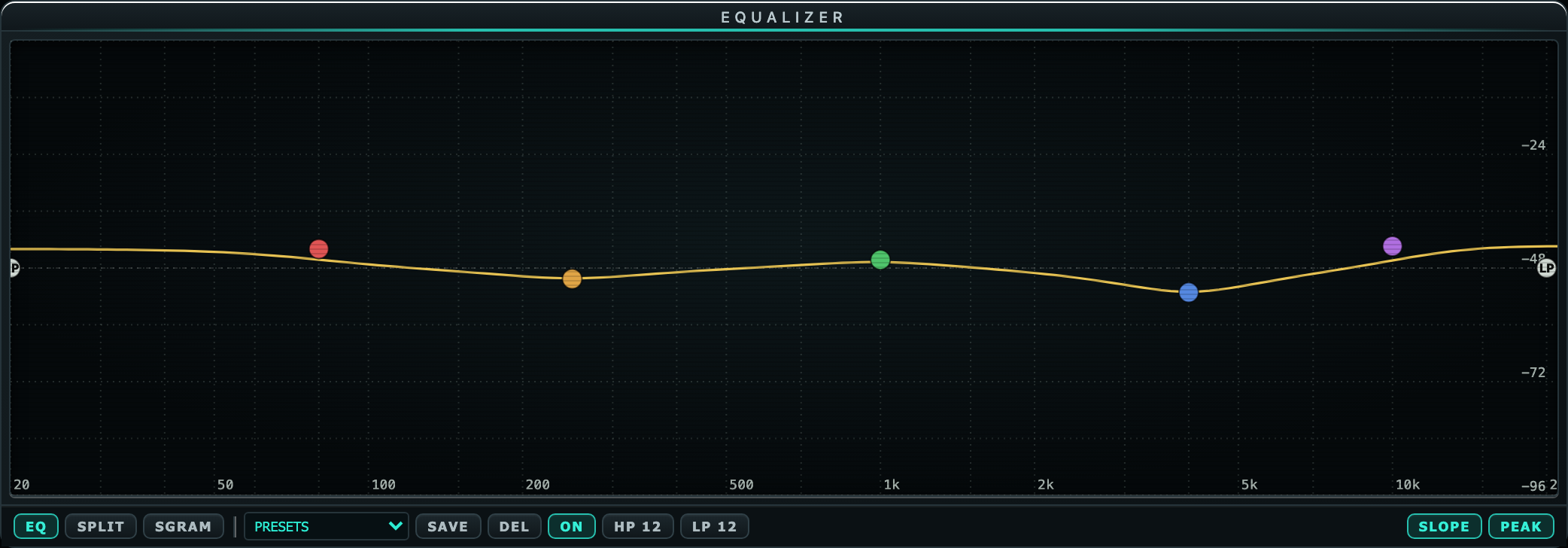 The parametric EQ panel: an amber response curve with five color-coded band nodes sitting on it