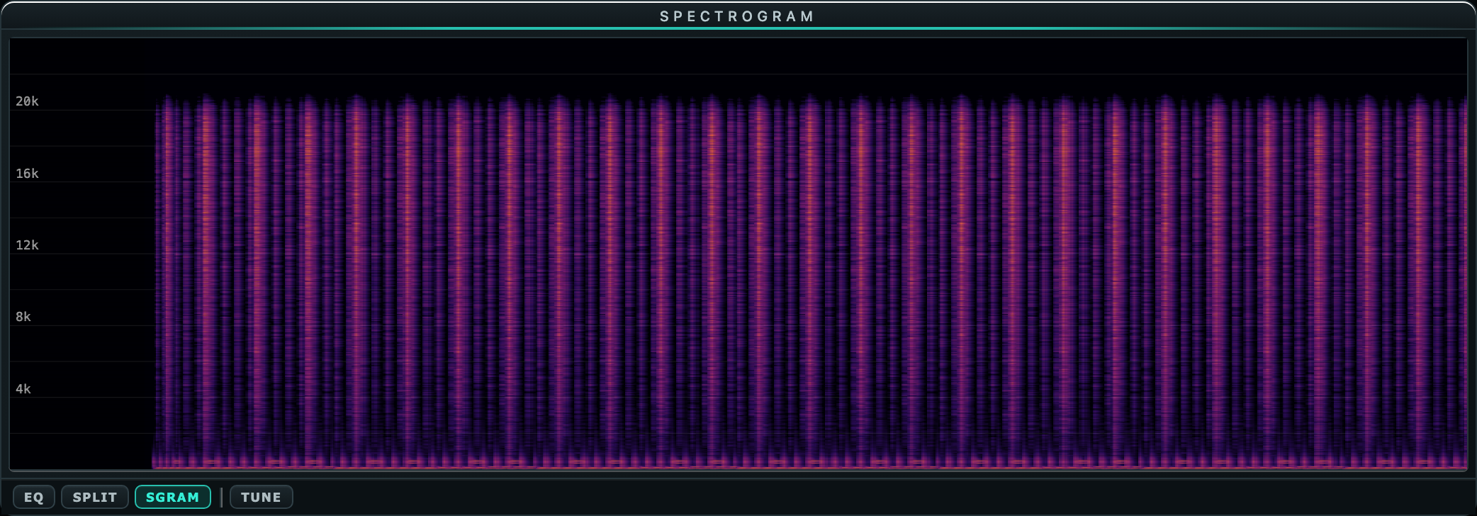 The spectrogram panel filled with kick-drum columns and harmonic texture across the full frequency range