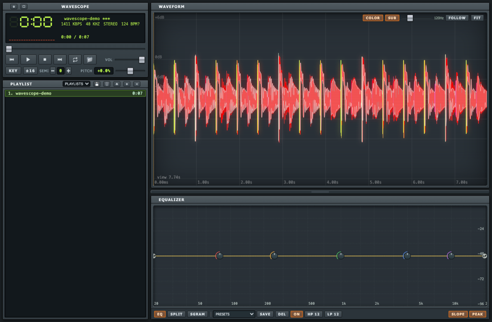 FL Studio skin: slate grey with orange glow toggles and lime readouts