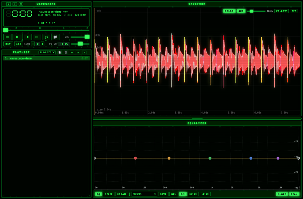 Terminal skin in dark mode: green phosphor Matrix look